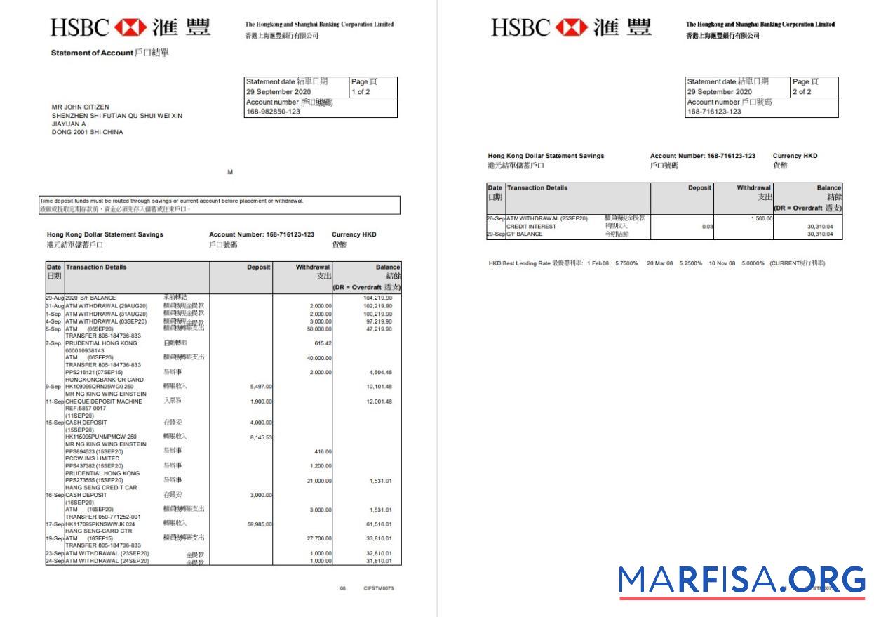 Downloadable Hong Kong HSBC The Hongkong and Shanghai Banking Corporation bank statement word 2 pages real example